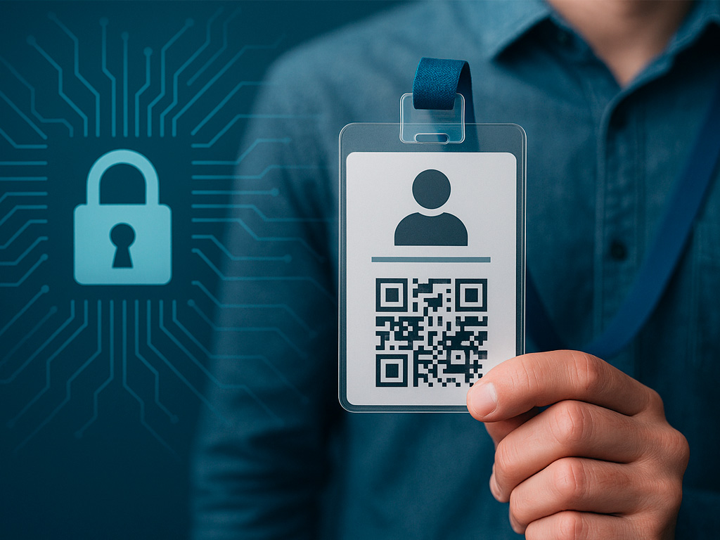 Digital data exposure represented by ID badge with QR Code and security icon in the background